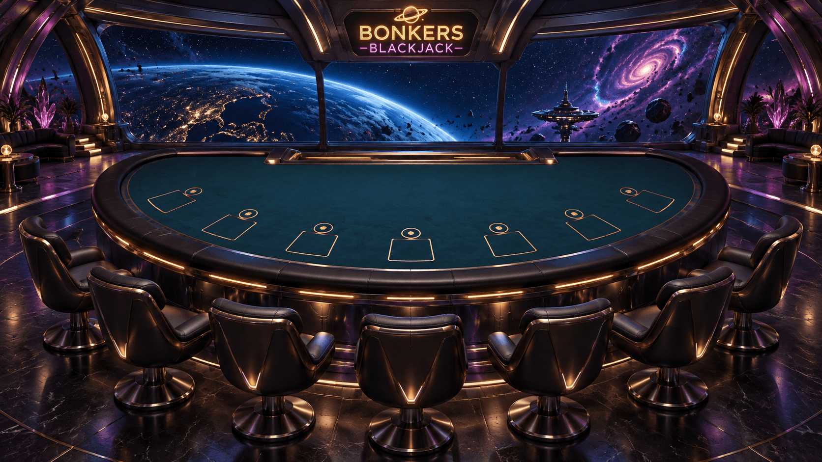 Orbital lounge above Earth with seven blackjack seats